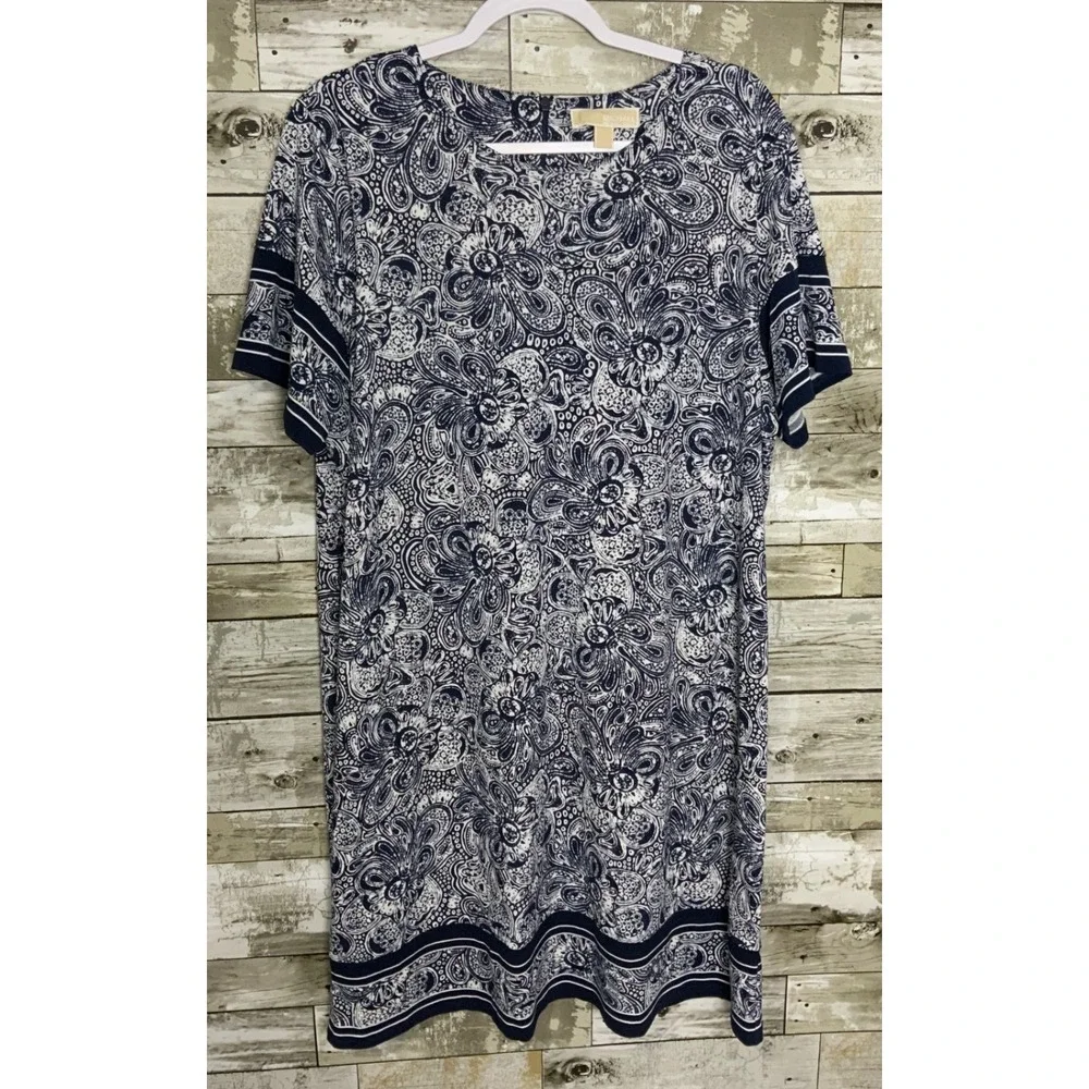 Michael Kors Womens Blue Paisley Print Short Sleeve Dress Back Zip‎ Size 2X